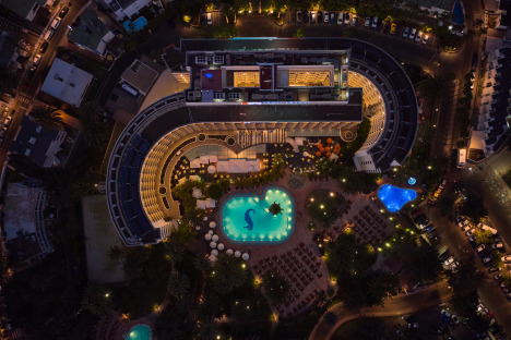 Seaside Palm Beach Night Drone Shot