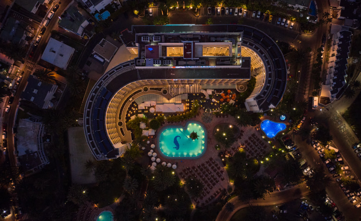 Seaside Palm Beach Night Drone Shot